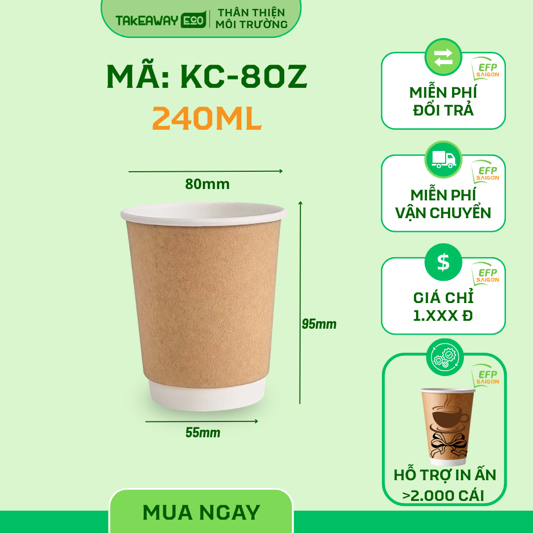 Ly Giấy Kraft 2 Lớp 8oz – 240ml (Dùng Nóng/Lạnh)
